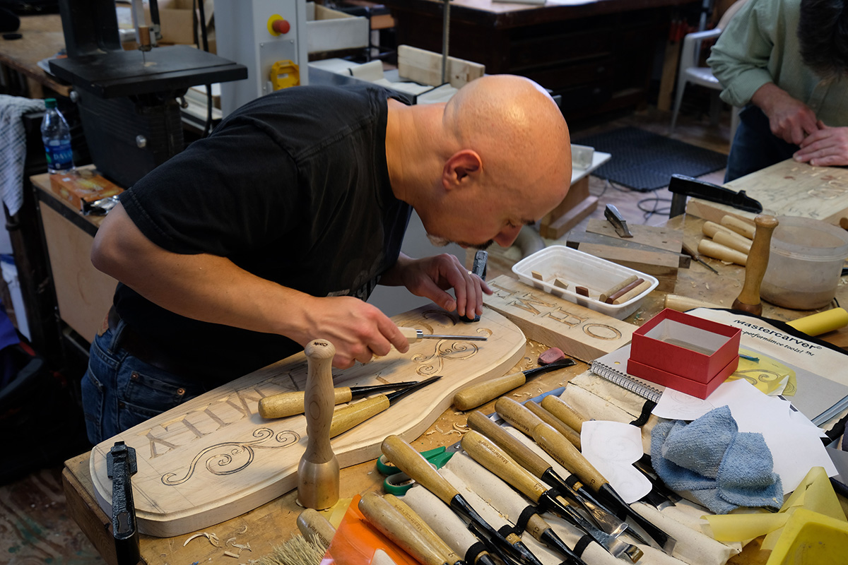 Wood carving class at Calvo wood carving school Sign Carving Workshop